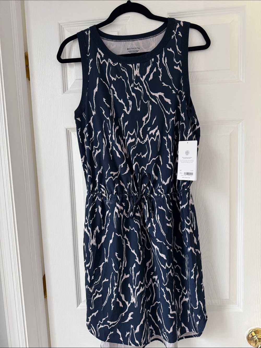Athleta Navy & Light Beige Printed Drawstring Midi Dress